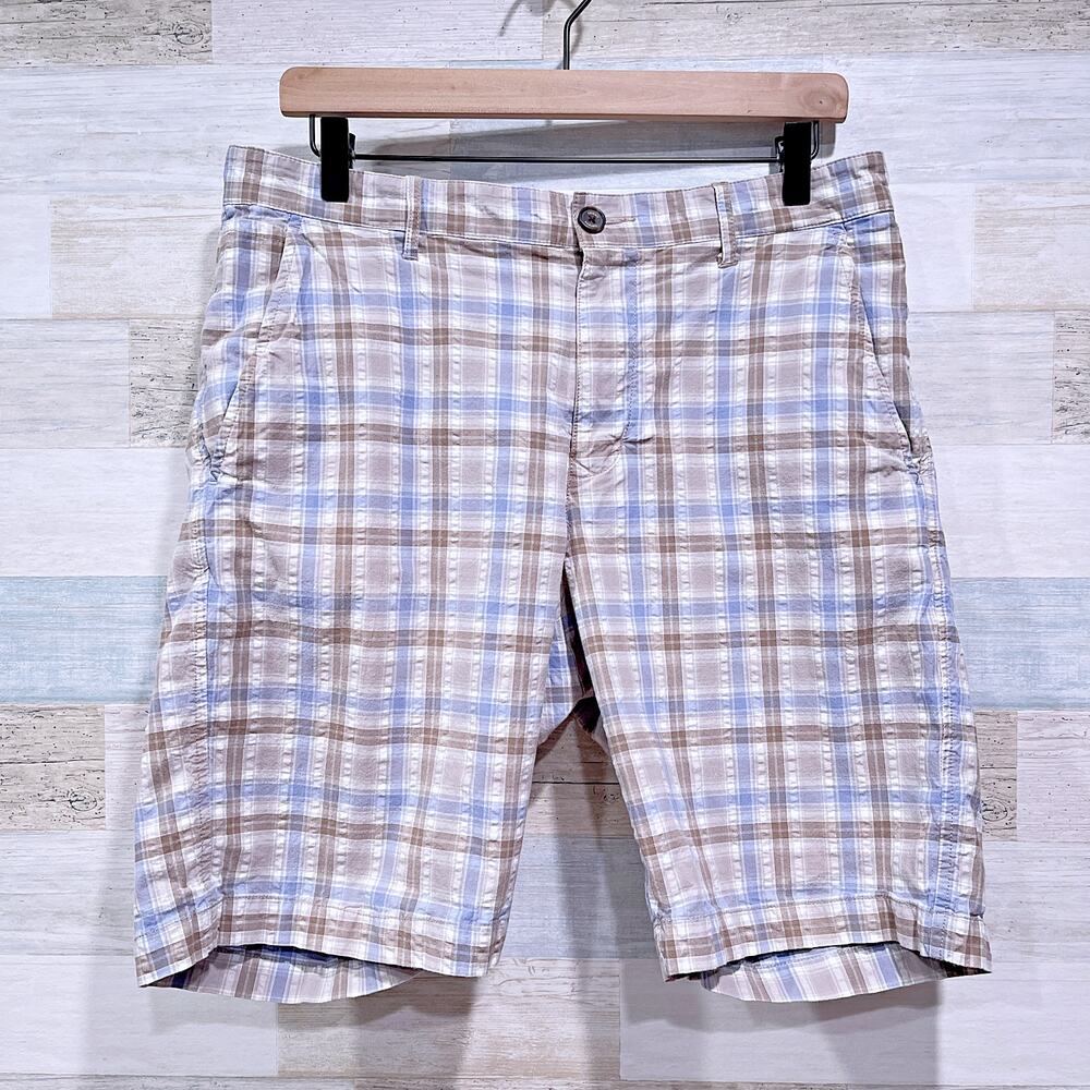 Tommy Bahama Seersucker Shorts Blue Brown Plaid Flat Front Cotton Mens 33